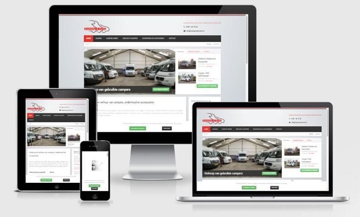 Website campersencars.nl weergegeven op verschillende devices.