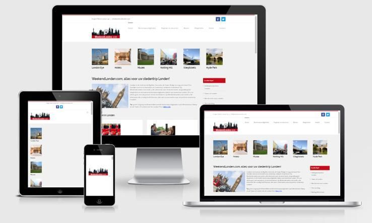 Website weekendlonden.com weergegeven op verschillende devices.